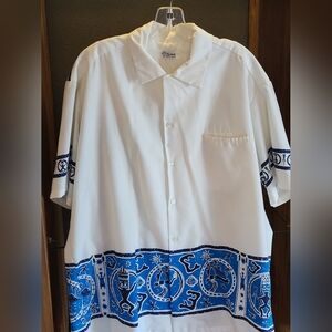 Lauhala Vintage 50s Ivory/Blue Cotton Hawaiian Shirt Loop Collar Xlarge